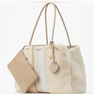 Kate Spade New York Everything Racing Stripe Faux Shearling Cream Tote Bag